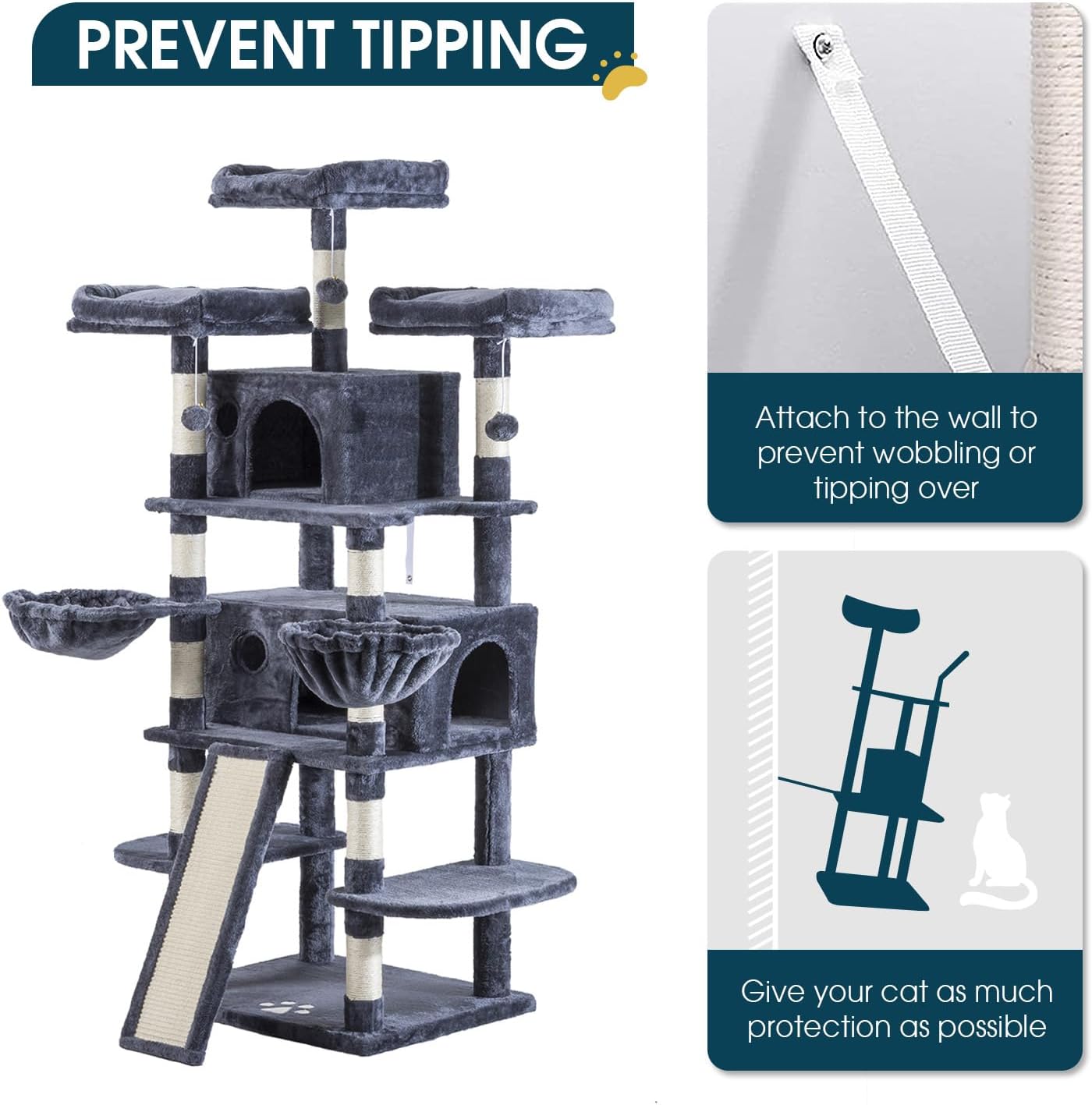 WEEWAY 68 Inches Multi-Level Large Cat Tree for Feline‌/Big Tower/Condo/Cozy Plush Kitty Perches/Fluffy Balls/Sisal Scratching Posts and Hammocks/Cave/Furniture Activity Center/Drak Grey