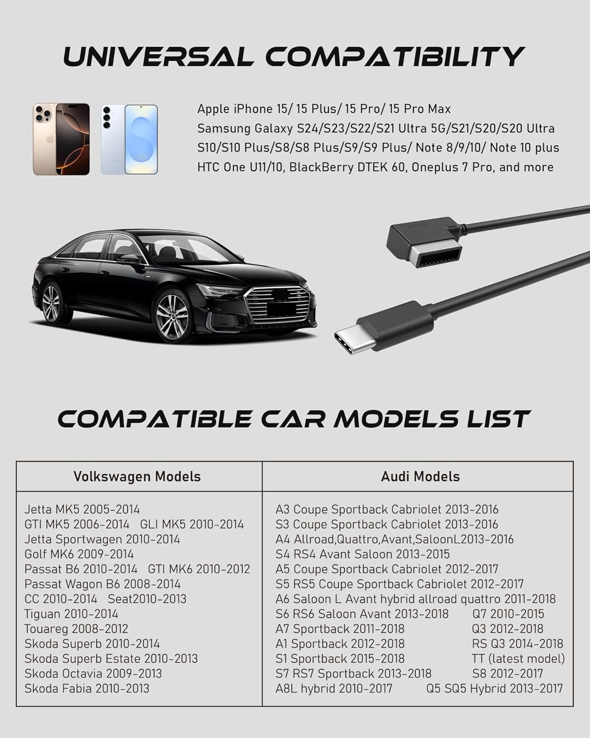 USB-C to AMI MMI Aux Cable for iPhone 16 / iPhone 15 and Other Type C Devices, Compatible with VW, Audi A3/A4/A5/A6/A7/A8/S4/S6/S8/Q5/Q7/R8/TT 2011-2016(3.3FT)