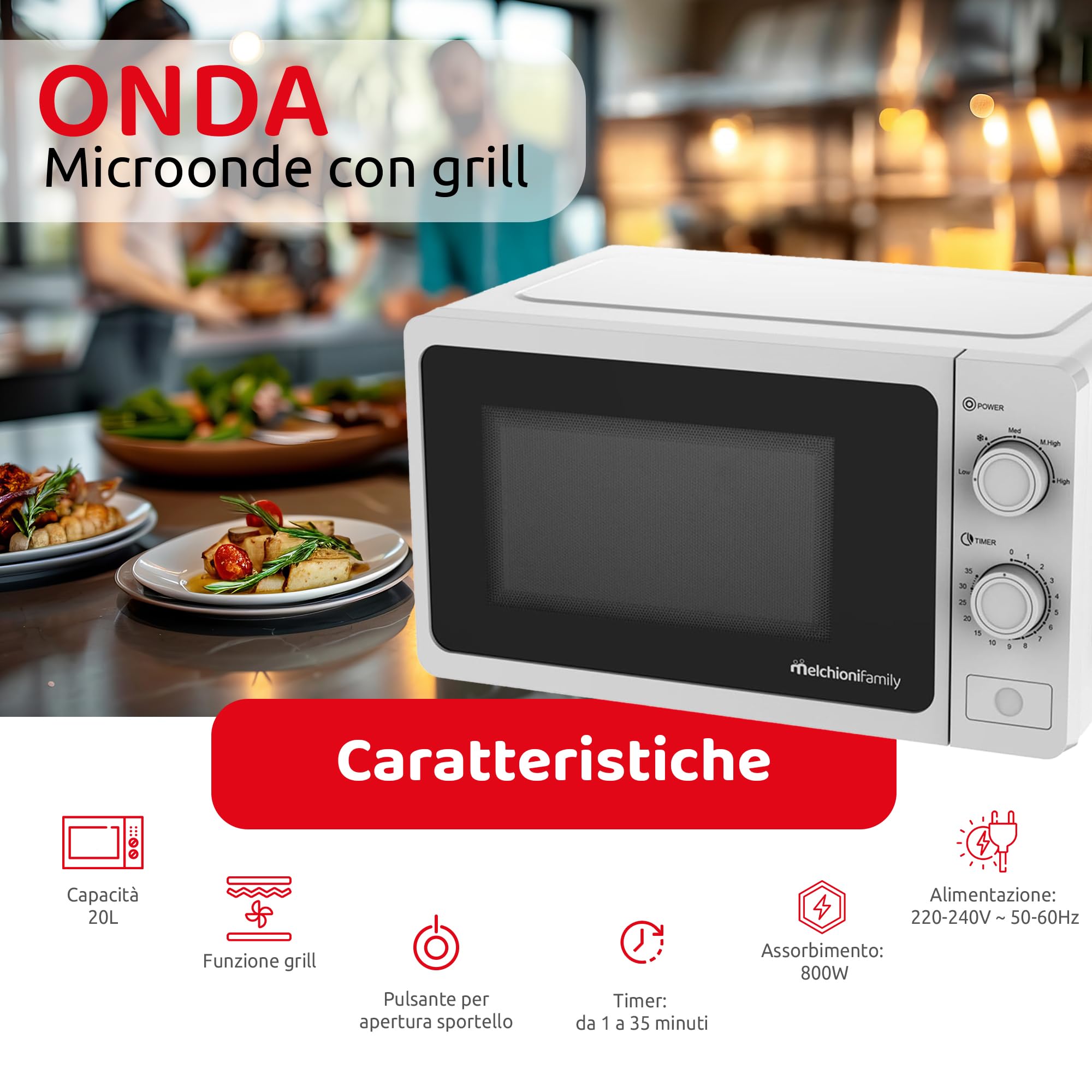 Melchioni Family Forno Microonde con Grill 20L, ONDA, Multifunzione, 800W, Regolazione Manuale, Funzione Grill, Timer 1-35 Min, Dimensioni 45,1x31,9x25,4 cm