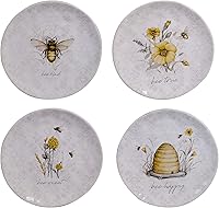 Bee Sweet 8.5" Ceramic Salad Dessert Plates Set of 4 - Bee Floral Designs Positive Sayings Cottagecore Tableware