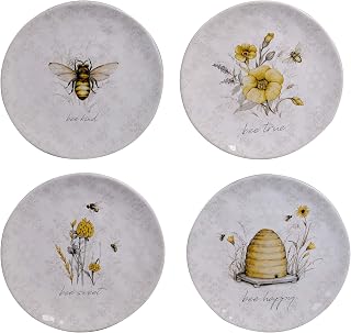 Bee Sweet 8.5" Ceramic Salad Dessert Plates Set of 4 - Bee Floral Designs Positive Sayings Cottagecore Tableware