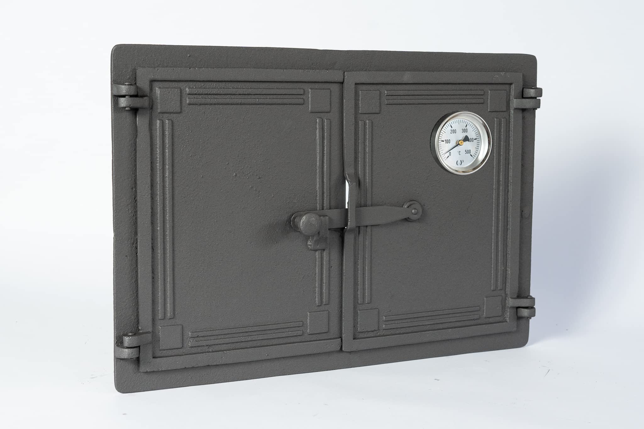Sezam, Puerta de horno de hierro fundido, puerta doble para horno de pizza de 48 x 32,5 cm, con termómetro de 500 C, horno de pan, cocina de jardín y cámara de ahumado, color grafito