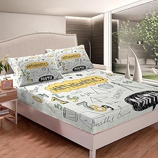 Erosebridal Math Equation Fitted Sheet Twin Size Mathematics Formula Bedding Set for Kids Boys Girls Science Students School Educational Bed Cover Child Dorm Decor with 1 Pillow Case