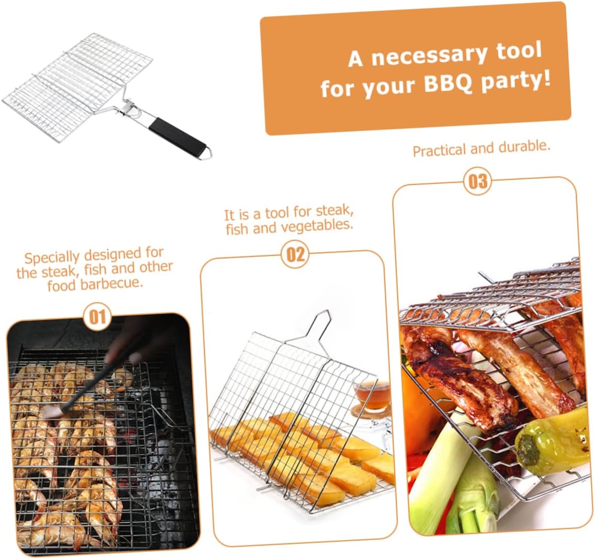 Outdoor Stainless Steel Grill Basket Bbq Rack for Fish Vegetables More Portable Grilling Supply for Camping Picnics Outdoor Cooking