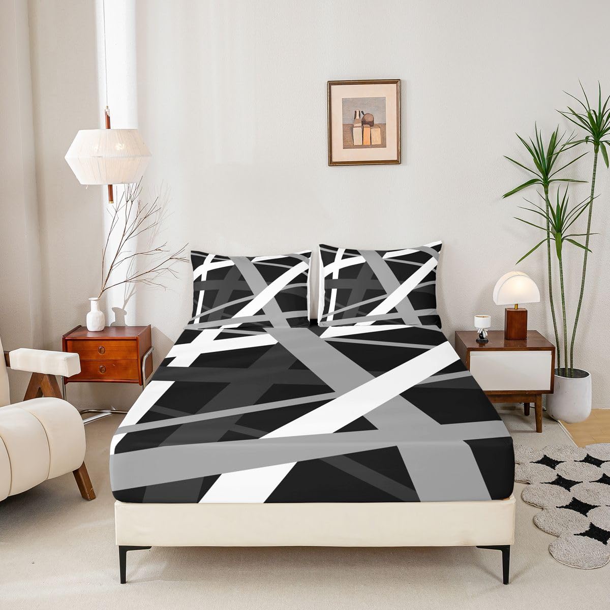 Manfei Juego de sábanas bajeras de líneas abstractas, tamaño King, juego de ropa de cama de rayas grises y negras, 3 piezas, sábanas decorativas retro con 2 fundas de almohada, decoración de