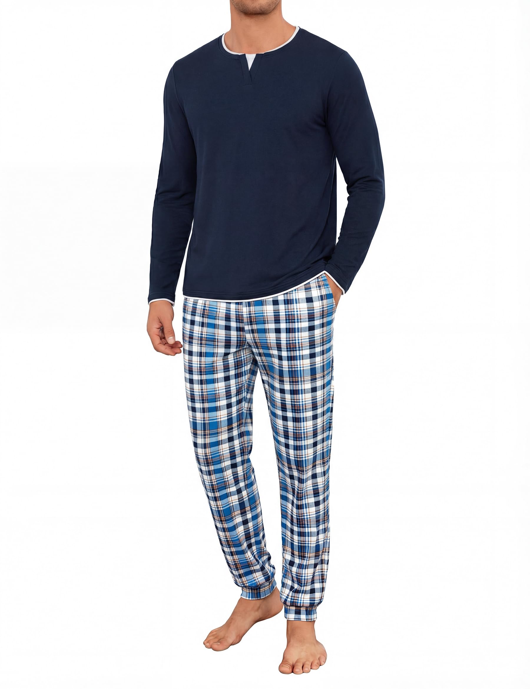 Jahetuul Pigiama Uomo Invernale Caldo Cotone Lungo | Pigiami Due Pezzi da Uomo Maniche Lunghe Top con Design a Colletto Multistrato Lunghi Pantaloni con Tasche e Coulisse