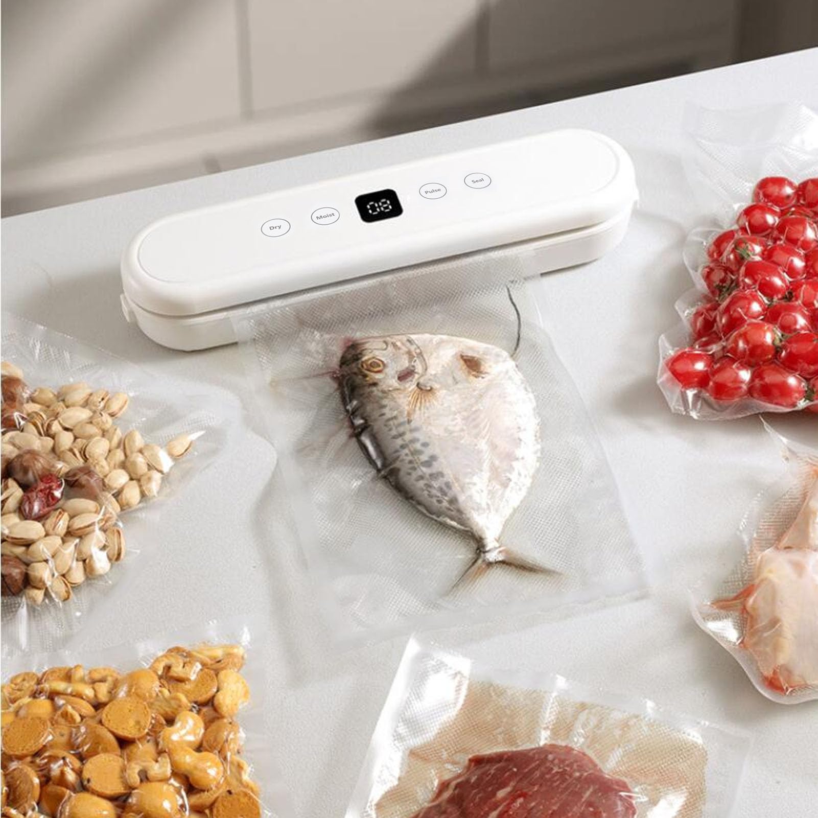Generic Macchina Sottovuoto Automatica Compatta per Alimenti da 80 W, da -45 a -65 Kpa, con modalità Secco e Umido e 10 Sacchetti per la Conservazione degli Alimenti Domestici