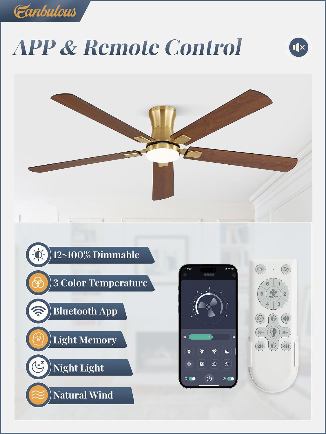 fanbulous 60 inch ceiling fan with light, low profile ceiling fan with light, app&remote control, dimmable led light, flush mount ceiling fan for indoor bedroom living room, qiuet dc motor gold 60"