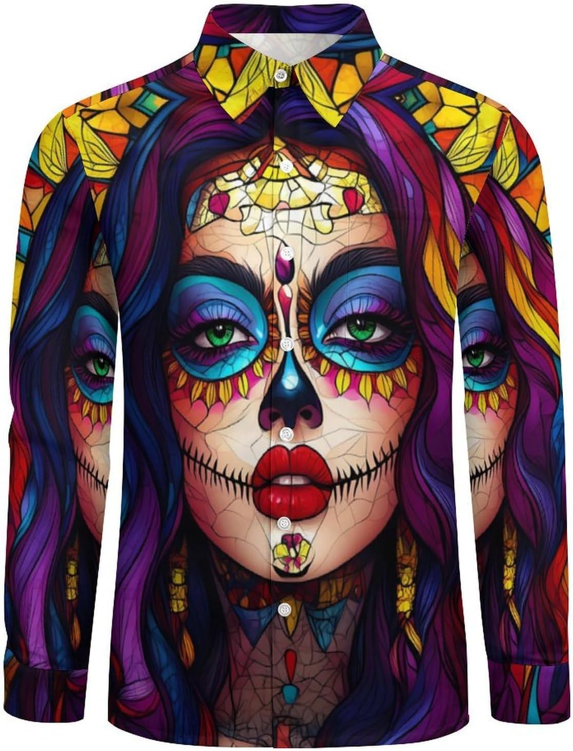 Day of The Dead Floral Skull Goth Long Sleeve Shirts Casual Dress Shirt Button-down T-shirts for Men