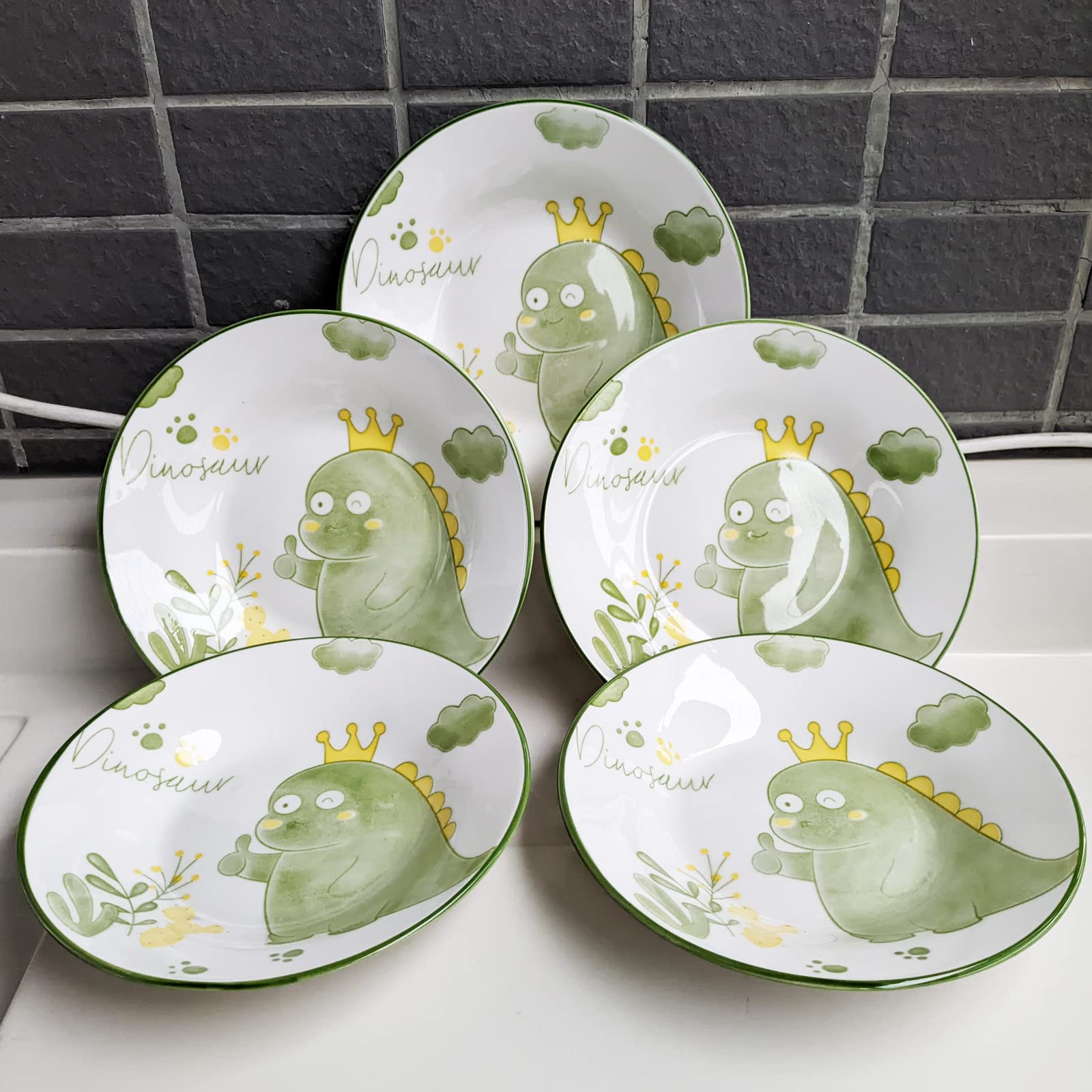 Juego de 5 platos de porcelana con patrón de dinosaurio, platos grandes de cerámica para ensalada de postre de 7 pulgadas, platos de pasta para filetes, pasta, pizza, aperitivos (aptos