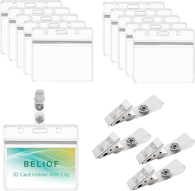 BELIOF 50 Sets ID Badge Holder Plastic Card Holder Name Badges with Clip for Personalized Name Tags Work Horizontal Waterproof (100x86mm)