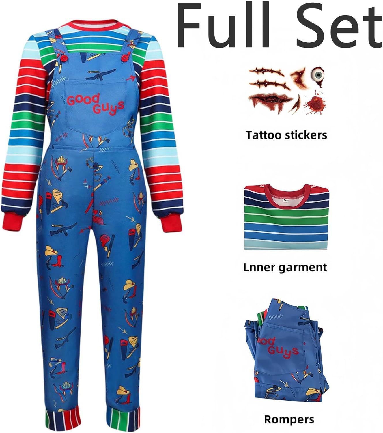 Volrath 3 Piece Halloween Nightmare Killer Doll Cosplay Costumes Scary Rainbow Stripe Shirt with Blue Jumpsuit Outfit Sets - Image 7