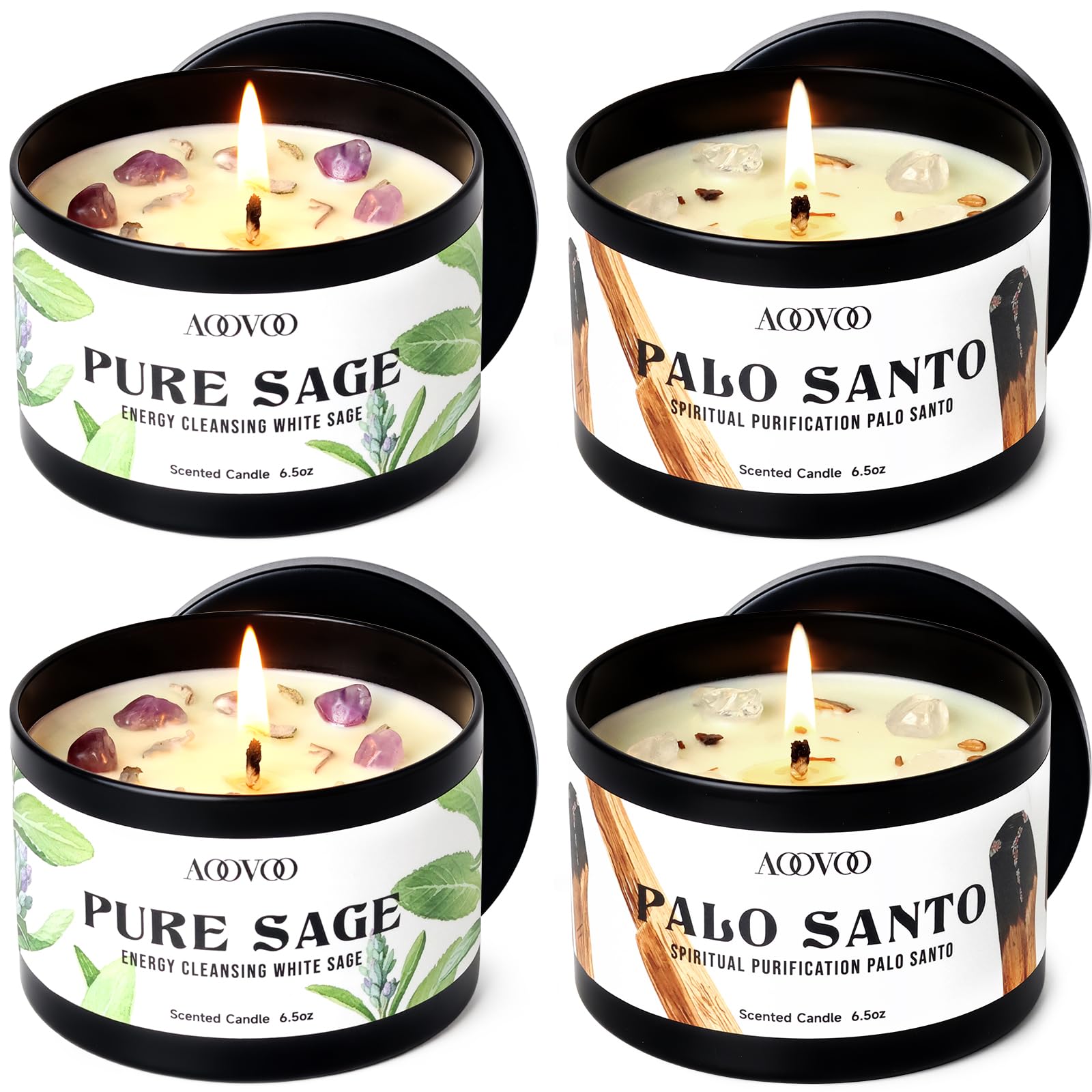 AOOVOO 2 Sage Candle &amp; 2 Palo Santo Candle Set with Crystals &amp; Decor
