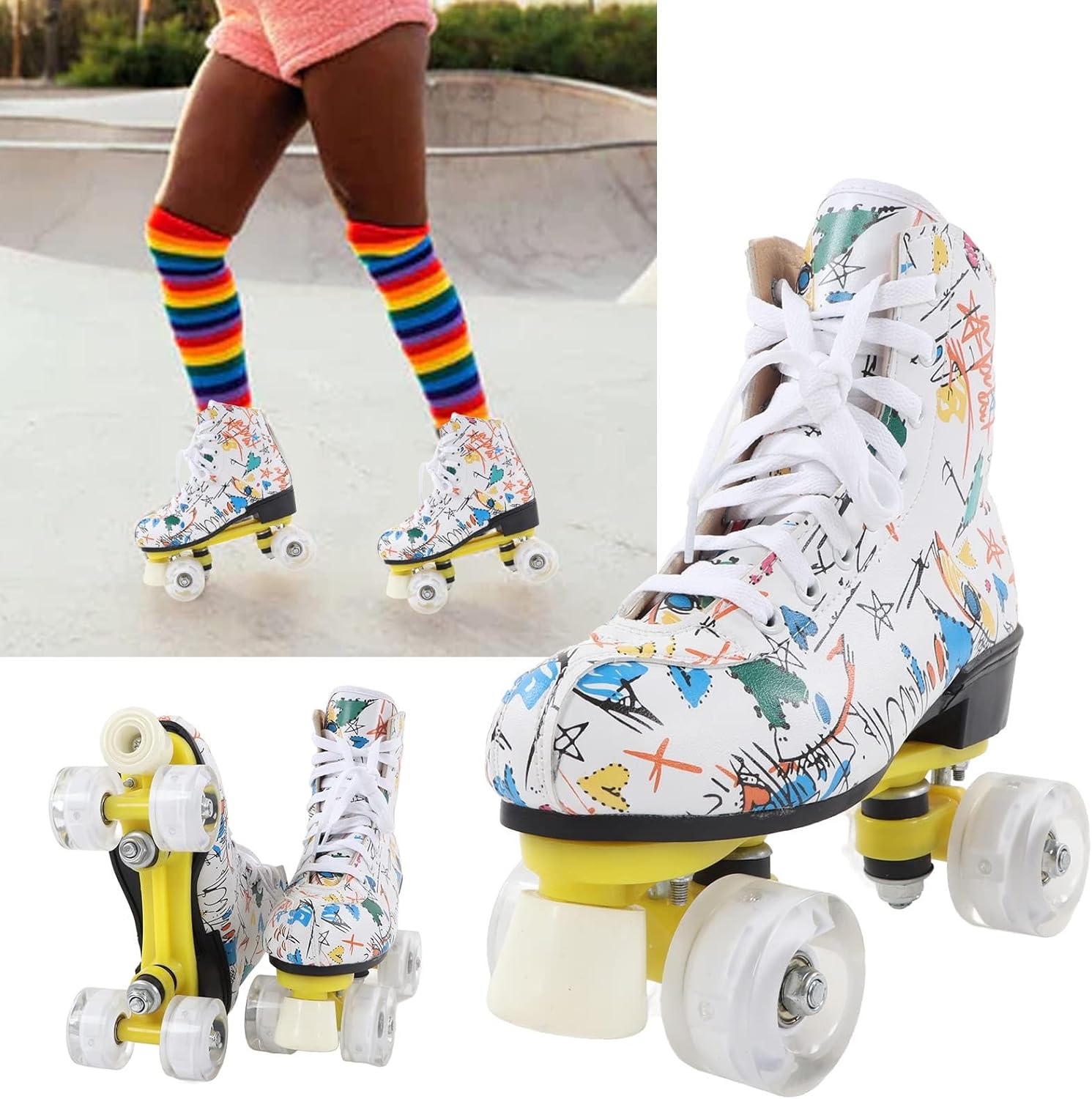 Roller Skates, Sturdy Reliable Double Row 4 Wheel Skates, Comfort Front Support Column Breathability Roller Skates Women, for Kids Adults Size 38