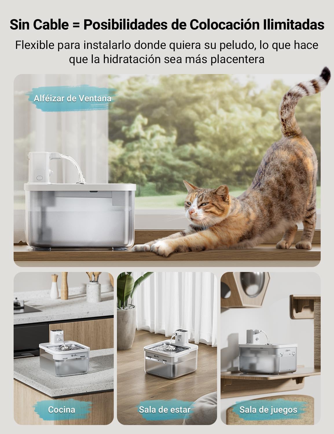 DownyPaws Fuente para Gatos Sin Cable, 2.5L Bebedero gato con Sensor de Movimiento, Fuente Agua Gato Inalámbrica, Batería 4000mAh, Bomba de Agua Silenciosa y Bandeja de Acero Inox, Blanco con 6 Filtro