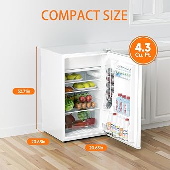 4.3 Cu.Ft Mini Fridge With Freezer, Single Door Mini Fridge, 7 Adjustable Thermostat, 3 Removeble Shelves,Energy-Efficient Low Noise, Compact Fridge for Bedroom, Office, Dorm,White