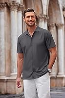 Vista 28 de COOFANDY Camisa casual con botones para hombre, manga corta, sin arrugas, camisa de verano