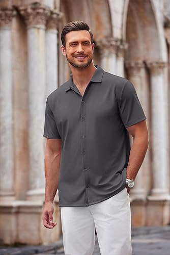 Miniatura 28 de COOFANDY Camisa casual con botones para hombre, manga corta, sin arrugas, camisa de verano
