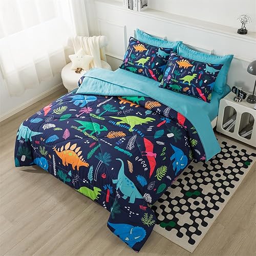 Miniatura 6 de qjmiaofang Ropa de cama de dinosaurio tamaño matrimonial para niños, 7 piezas, juego de edredón de dinosaurio de la selva para niños, adolescentes,