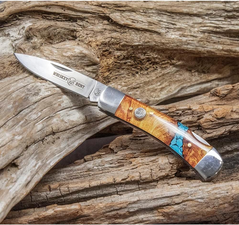 WHISKEY BENT HAT CO. Traditional Lock Blade Folding Pocket Knife 3.75" Closed Length 440C Stainless Steel Blade (Turquoise River)