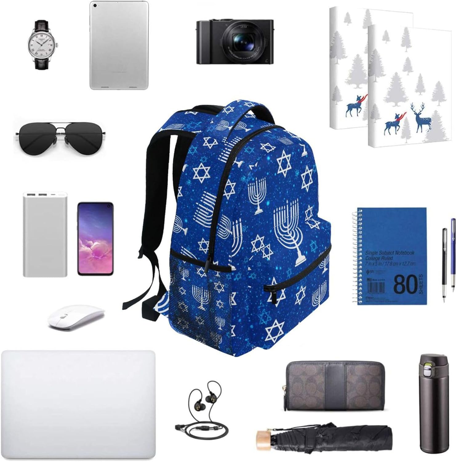 QUGRL Hanukkah Symbols Blue School Backpack for Girls Boys Large Bookbag Laptop Computer Bag Casual Hiking Travel Daypack Backpack Schoolbag for Teens College 16 Inch