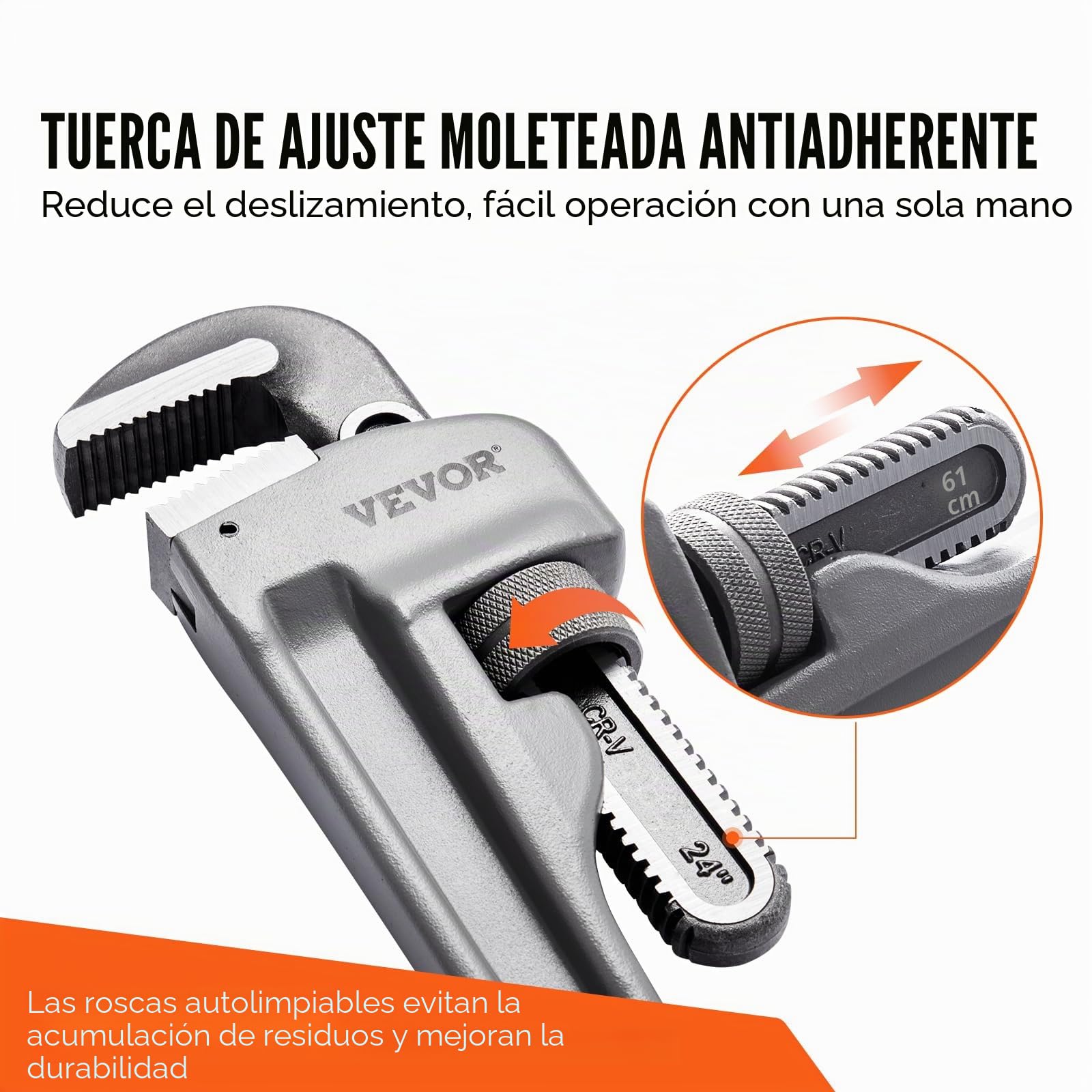 VEVOR Llave para Tubo Recto de Aluminio 61 cm Llave para Plomería Ajustable Mandíbula de Alta Resistencia Mango Ergonómico Fácil de Transportar para Tuberías de Agua Reparaciones de Automóviles