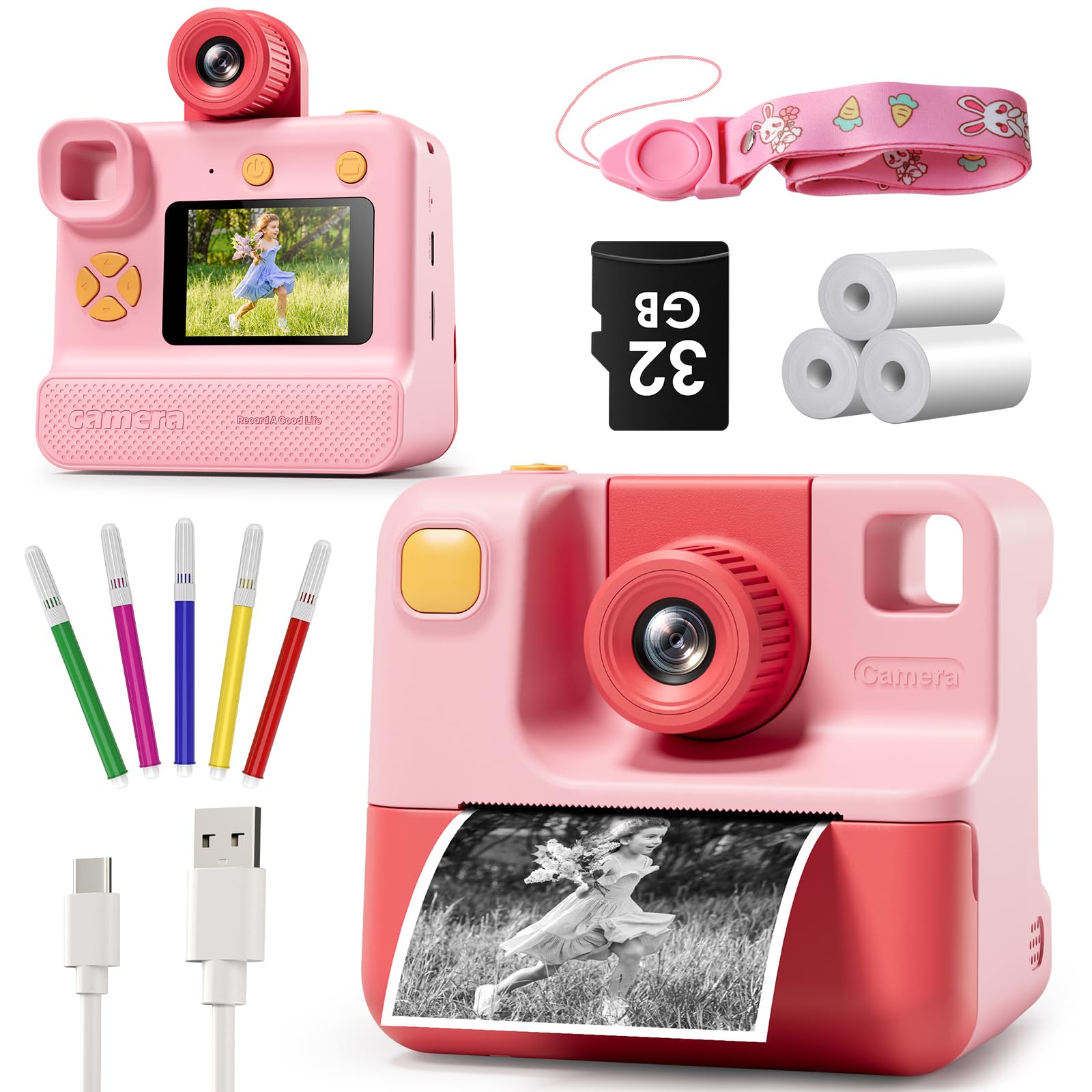 Kids Camera Instant Print, Christmas Birthday Gifts for Toddle Girls Boys Age 3-12, 24MP & 1080P Selfie Digital Camera with 3 Roll no-Ink Print Paper 32G SD Card - Pink