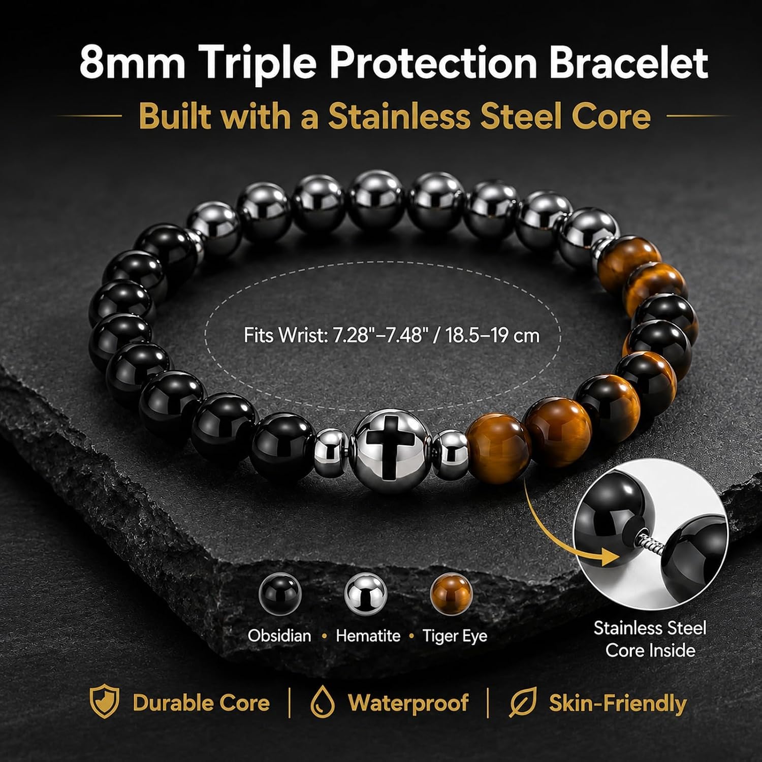 Cross Beaded Bracelet for Men : Triple Protection Hematite Black Onyx Tiger Eye Men's Catholic Bracelets,Religious Christian Faith Jewelry,Healing Crystal Christmas Birthday Gift for Boyfriend Husband image 4