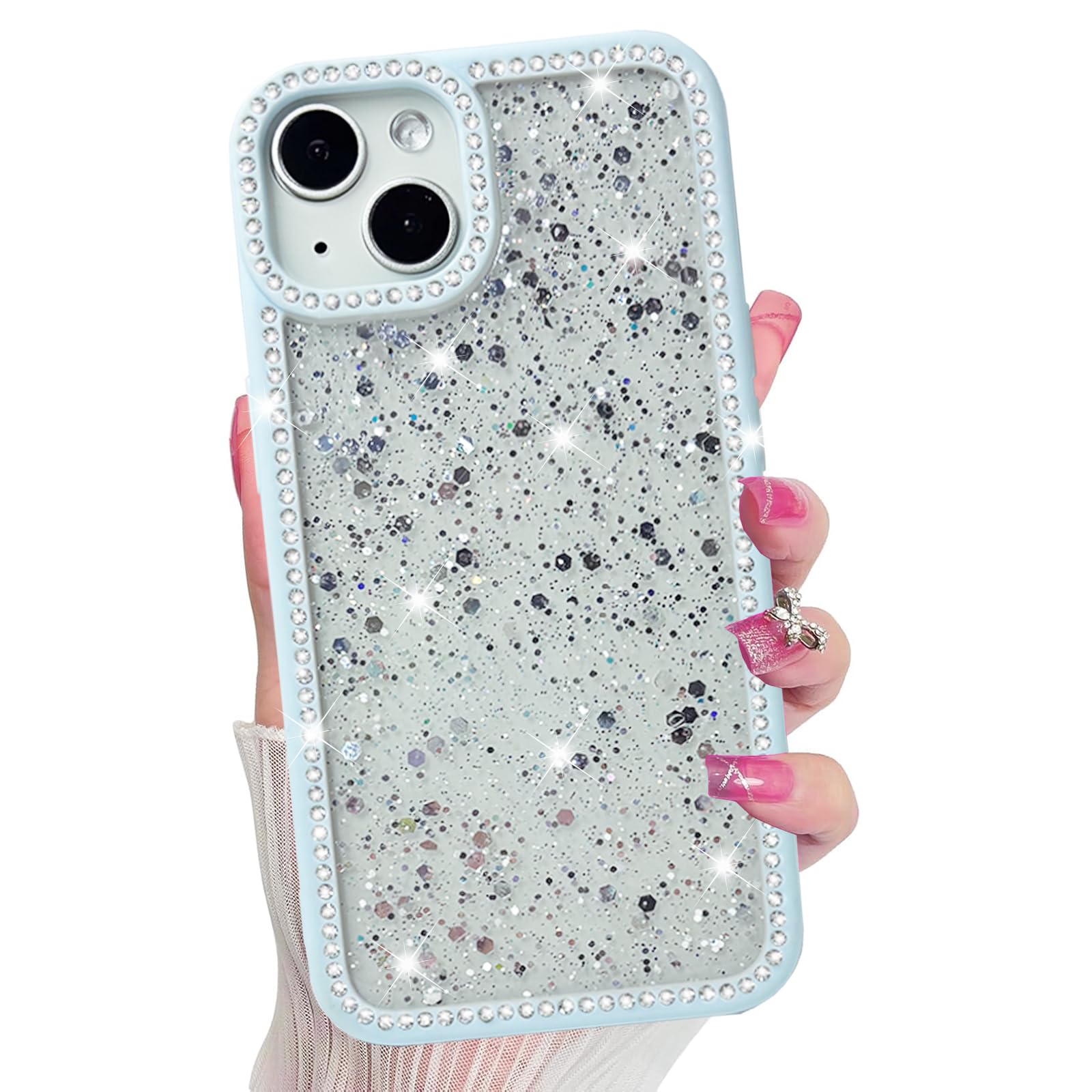 VCTERFK for iPhone 13 Case, Sparkly Crystal Diamonds Rhinestone Border with Shiny Glitter Sequins Phone Cover for Women Girls, Transparent TPU Bling