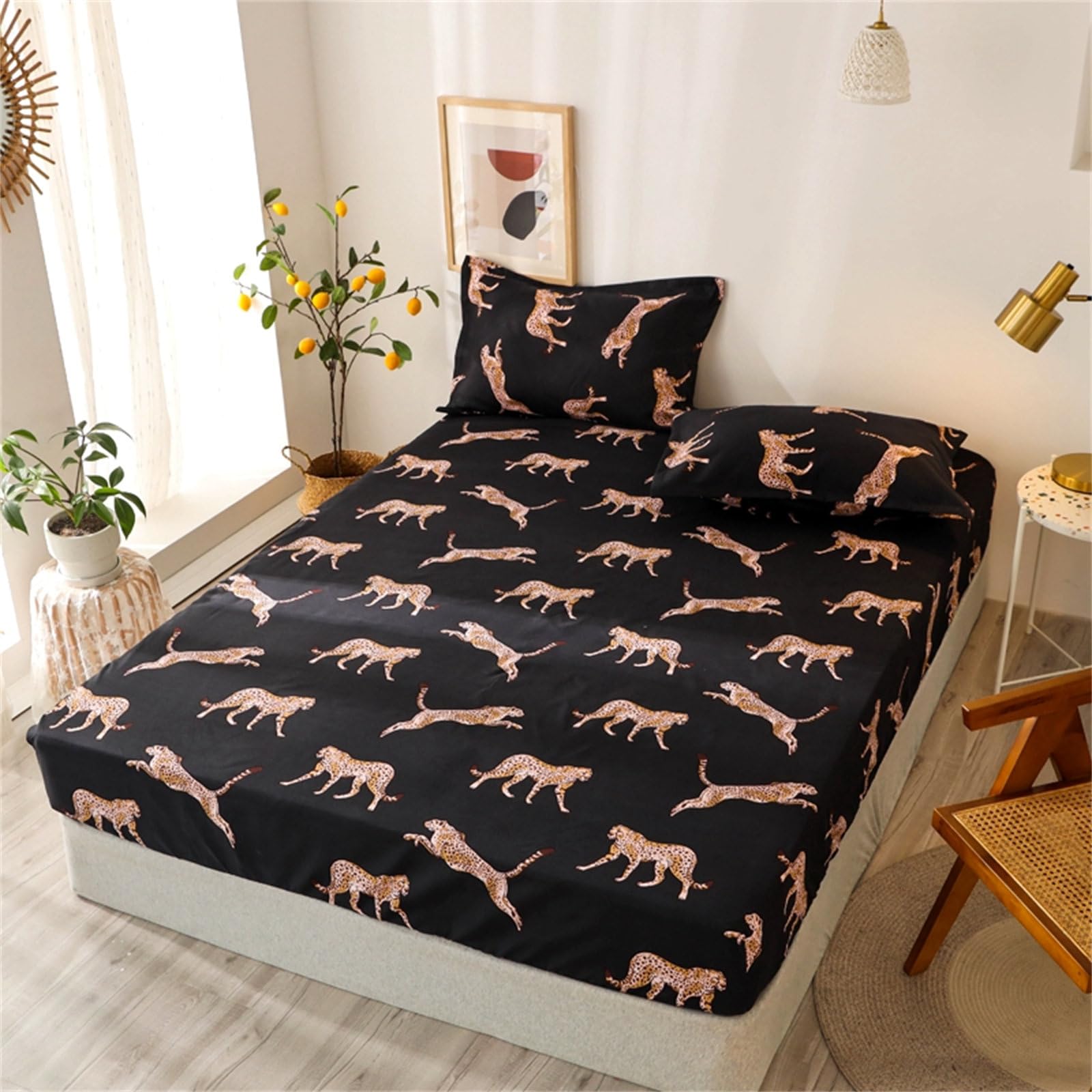 Surwin King Double Single Fitted Sheets, Modern Prints Soft Microfibre Fitted Bed Sheets, 27cm Deep Pocket Fitted Sheet, Print Bedsheets (Double,Leopard)