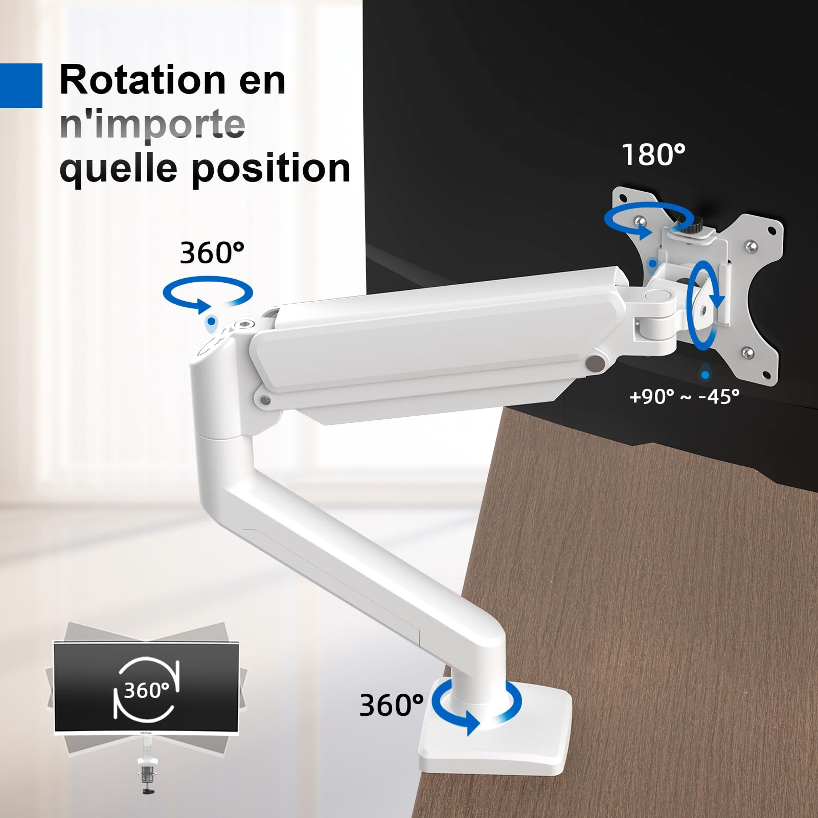 GRIFEMA GB2003W-1 Bras Ecran PC VESA 75x75-100x100 mm Rotation 360° Réglable Hauteur 9 kg Blanc
