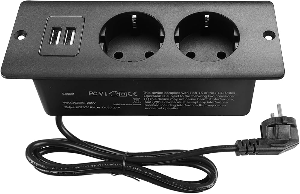 Tafelblad, intrekbaar stopcontact, 3-voudig met 4 USB (2 x USB-A 2 x USB-C) en schakelaar, inbouwstopcontact voor tafelblad met 2 m spiraalkabel, 4000 W /16 A, thuiskantoor en keuken, wit