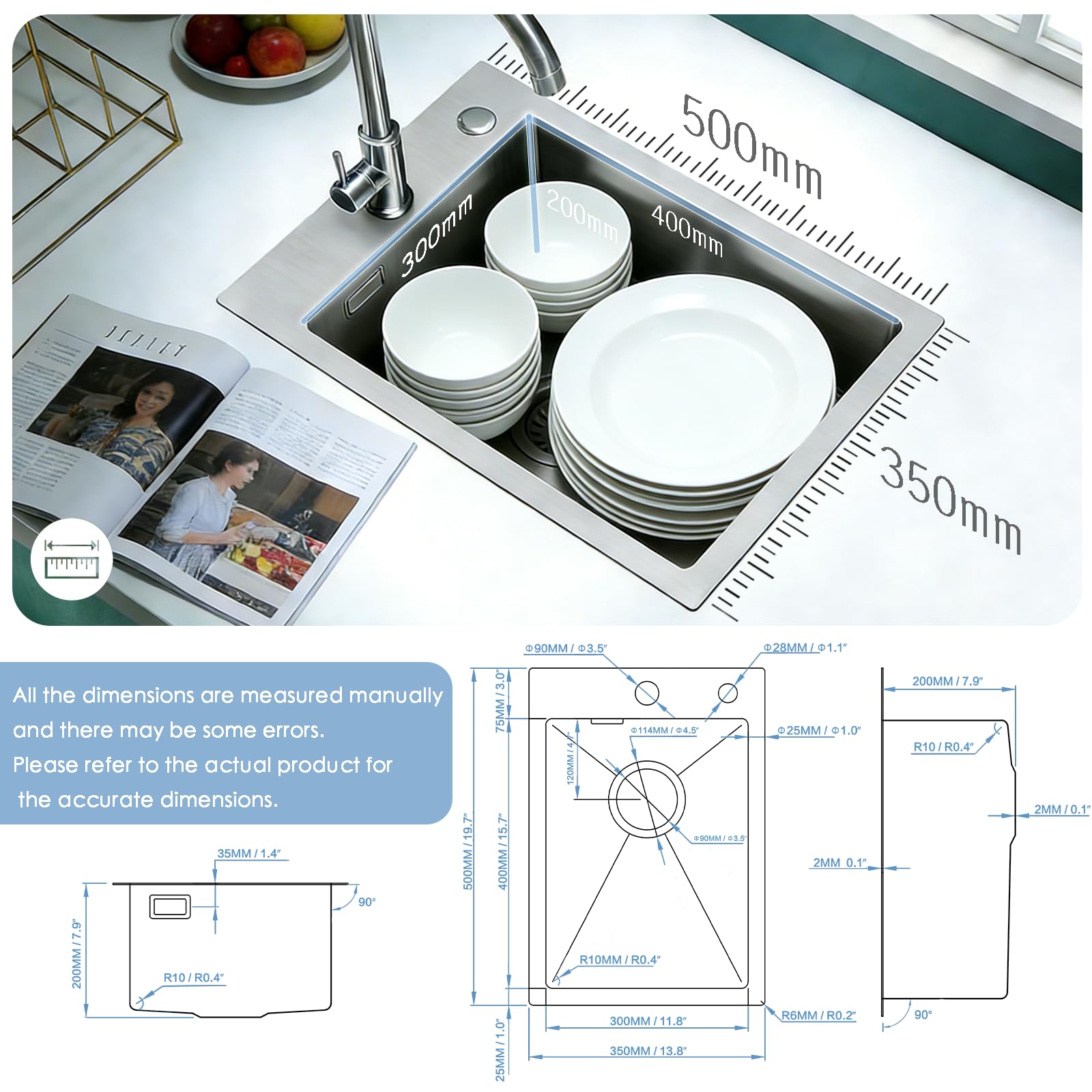 Lavandino Cucina Brushed, 35x50 cm, Lavello Cucina 1 Vasca in Acciaio Inox, Lavello da Esterno per Camper con Set di Drenaggio e 2 Fori di Preforato, Installazione a Sopratop o Filotop