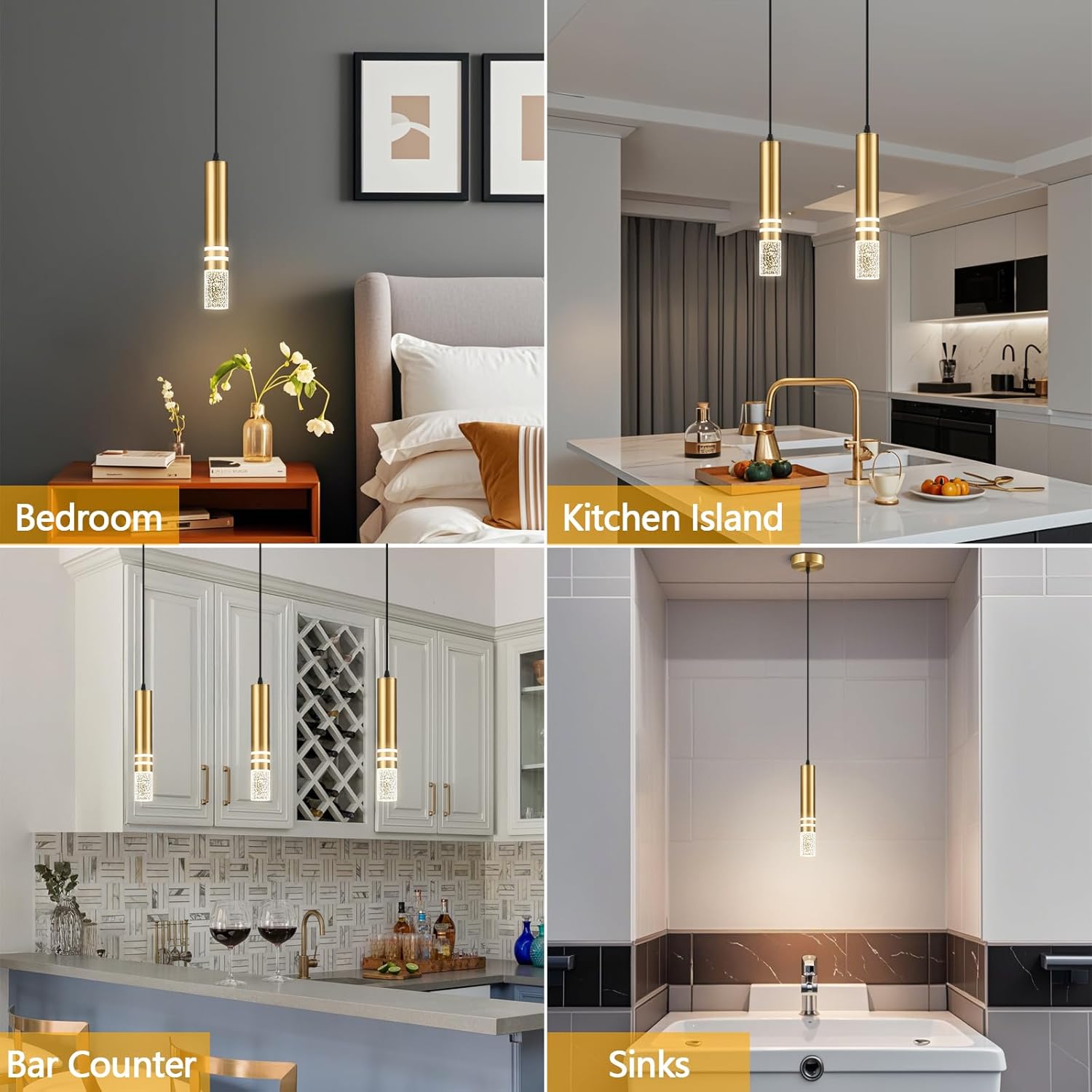 Pendant Lights Kitchen Island, Crystal Pendant Light Fixtures Mini 6W LED Modern Kitchen Pendant Lighting Over Sink and Living Room and Bedroom (Gold 1 Pack)