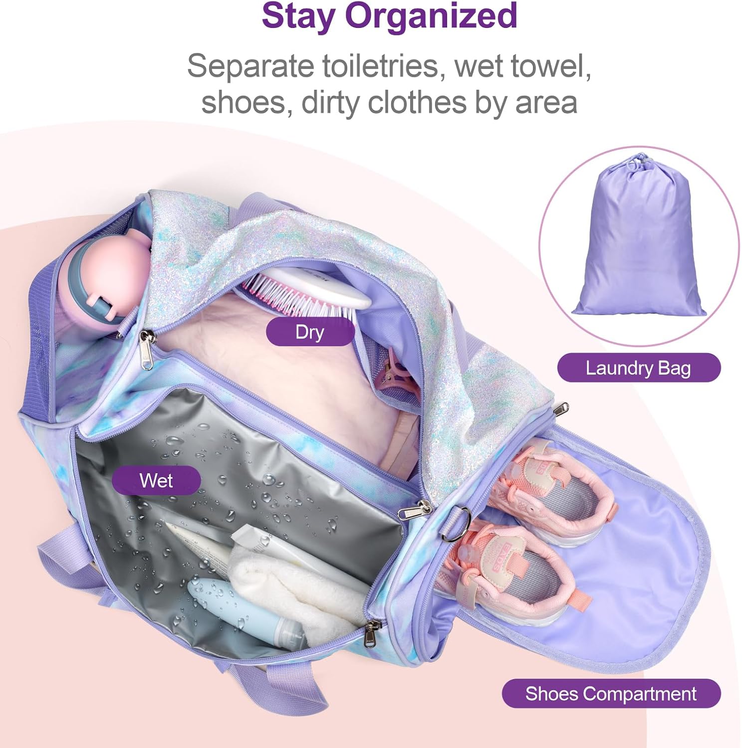 Bagseri Duffel Bags for Kids - Girls Dance Ballet Bag Waterproof Sports Gymnastics Bag for Girls Kids Sleepover Duffel Bag with Shoe Compartment and Dry Wet Separation Pockets (Tie-dye, Purple) - Image 3