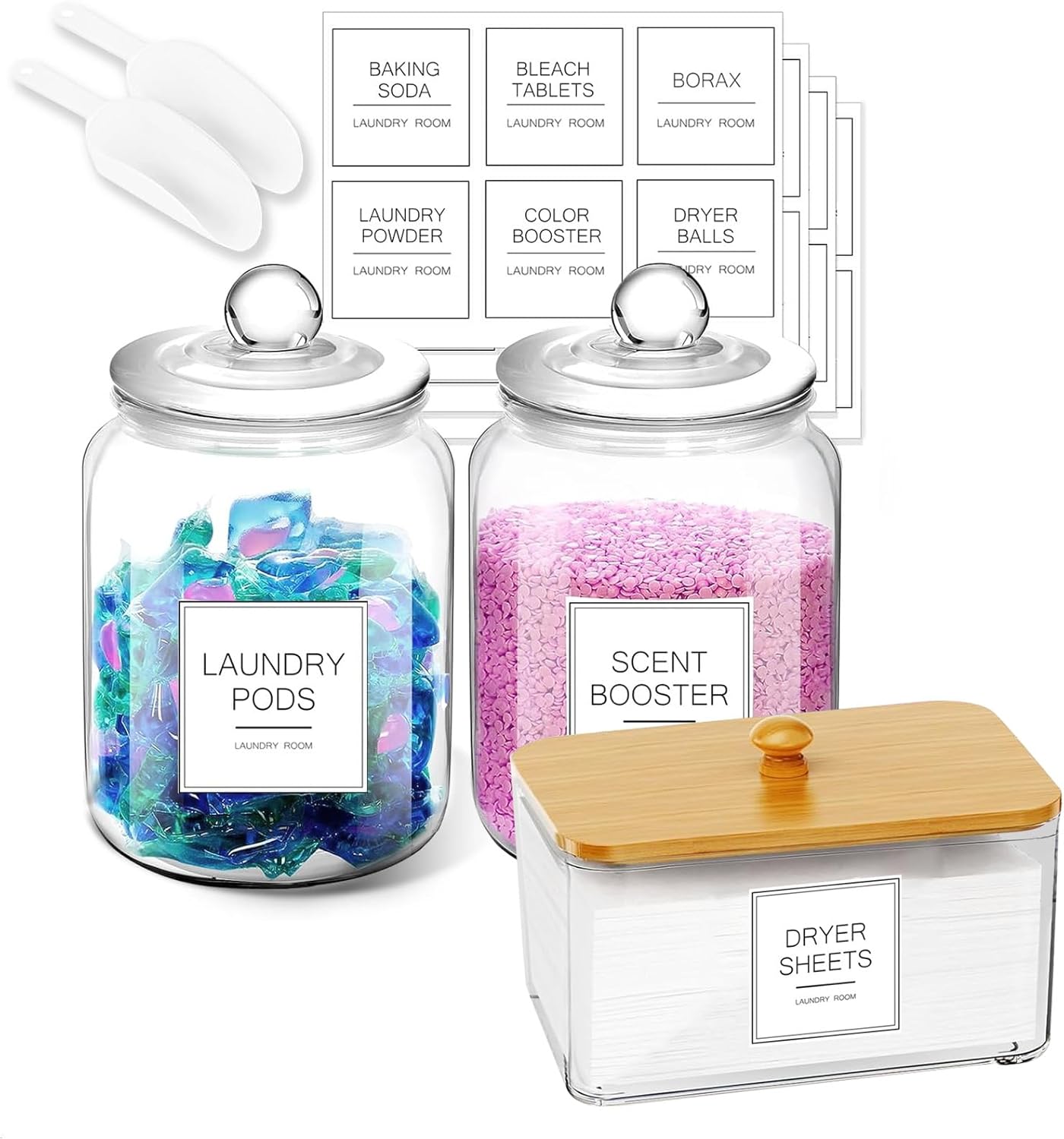Laundry Glass Jars with Dryer Sheets Holder, Containers with Scoop and Labels for Laundry Room Organization and Storage Detergents Pods or Powder, Scent Booster Beads, Set of 3