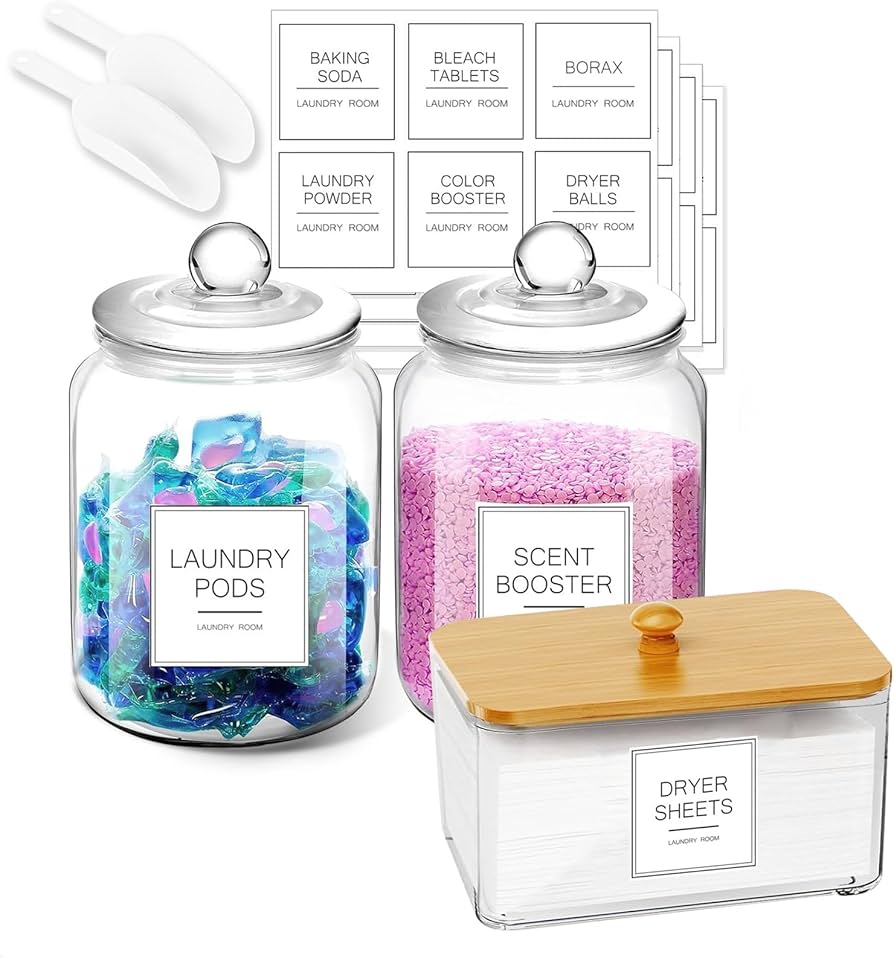 Laundry Glass Jars with Dryer Sheets Holder, Containers with Scoop and Labels for Laundry Room Organization and Storage Detergents Pods or Powder, Scent Booster Beads, Set of 3