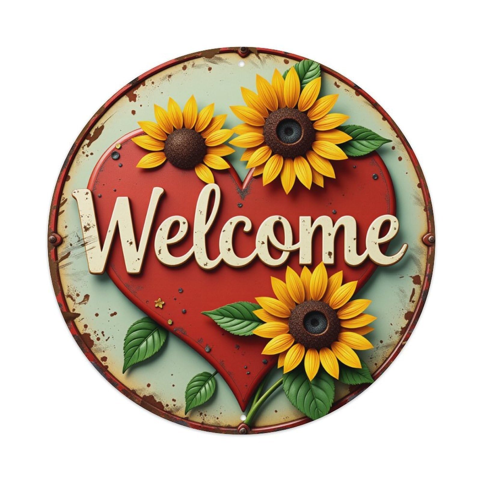 Sunflower Heart Welcome Sign Art Round Tin Sign Vintage Metal Sign Home Bar Garden Indoor & Outdoor Wall Decor Retro Metal Poster 8x8 Inch
