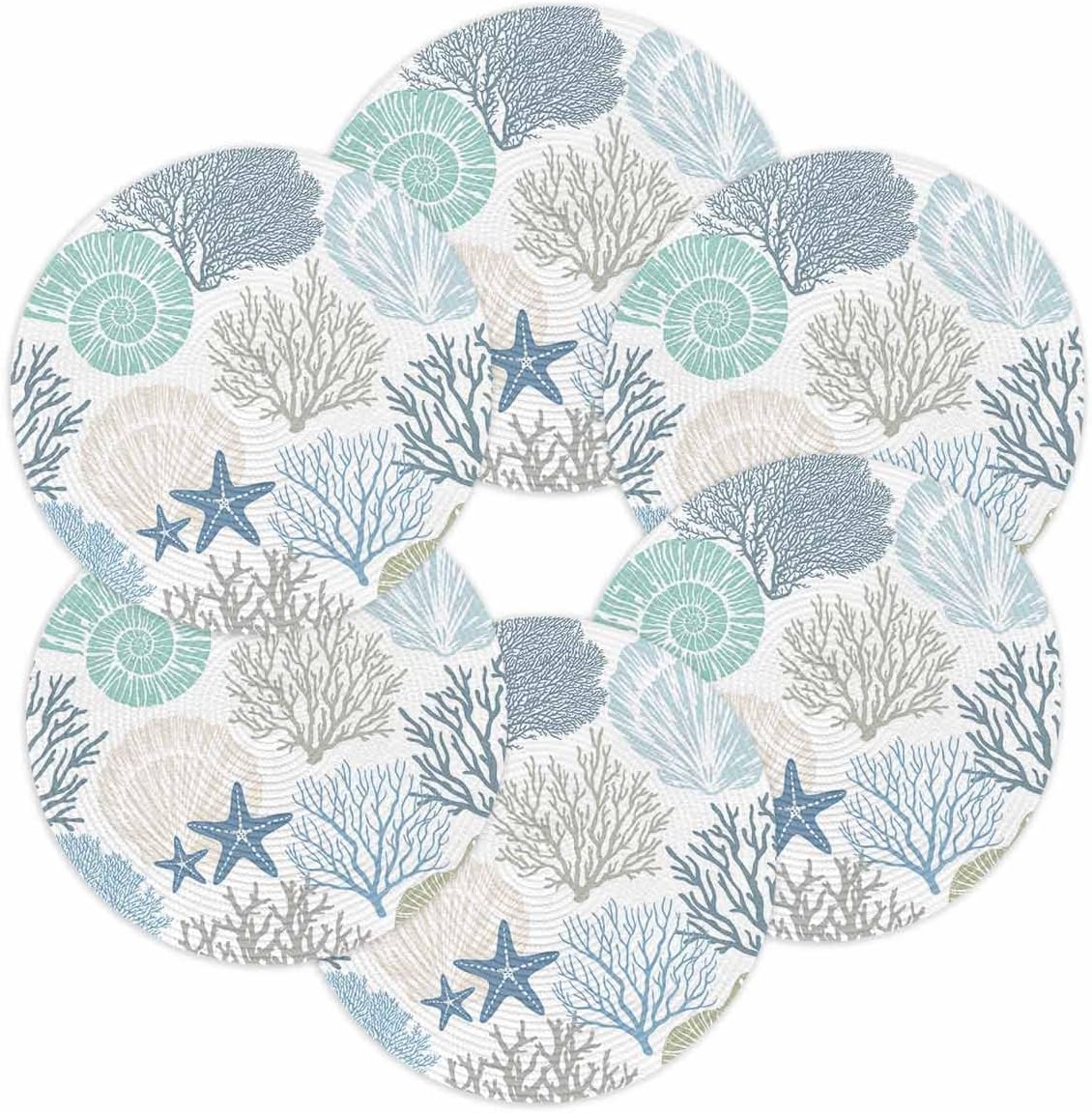 Round Placemats for Dining Table Set of 6 Nautical Coastal Ocean Coral Place Mats Circle Woven Placemat Beach Themed Blue Teal Braided Heat Resistant Table Mat for Kitchen Dinner Party 15 Inch