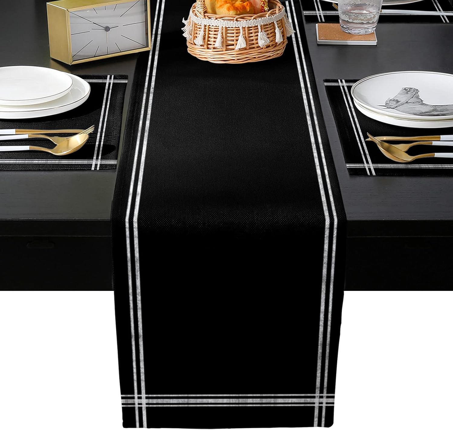 Placemats Set of 4 and Table Runner Solid Color Black Non