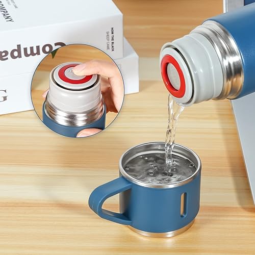 Miniatura 6 de Juego de termo de acero inoxidable de 16.9 fl oz17 onzas, botella de agua aislada con tres tazas para bebidas calientes y frías, color azul
