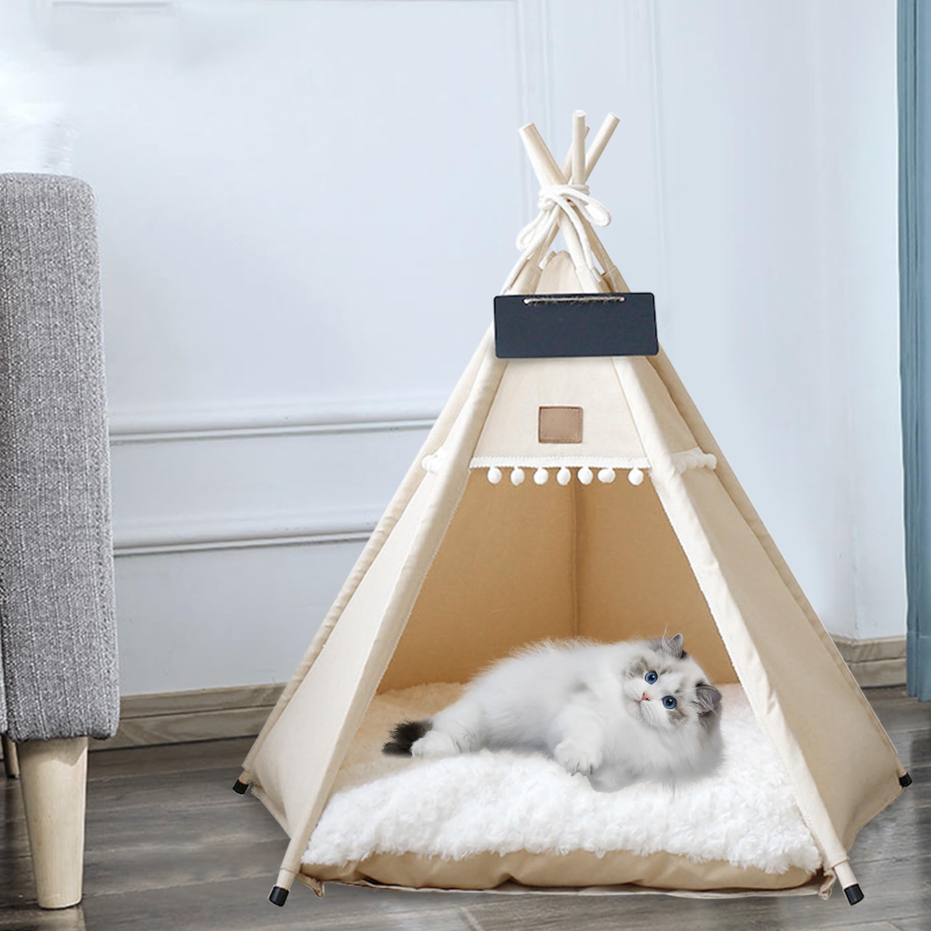 Tipi pour Chien et Chat Tentes de tipi Portables pour Animaux de Compagnie avec Coussin et Petit Tableau 28 Pouces Haut Niche d'intérieur Lavable pour Chiot Lit Doux pour Animaux Moins