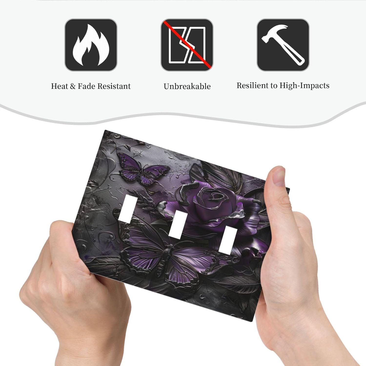 Decorative Switch Covers Plate Purple Rose Butterfly Flower 3 Gang Wall Plate Oversized Triple Toggle Light Switch Plate Jumbo Faceplate for Bedroom Home Decor