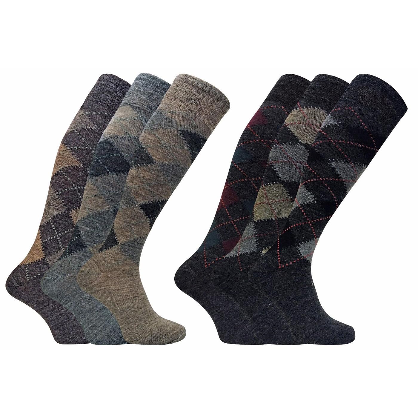 Tesmark 6X Pairs Mens Socks Long Length Lambs Wool thermal socks, Assorted Colour, Black, Charcoal & Argyle boot socks Soft & Walking Socks UK Size 6-11 (6-11, Argyle)