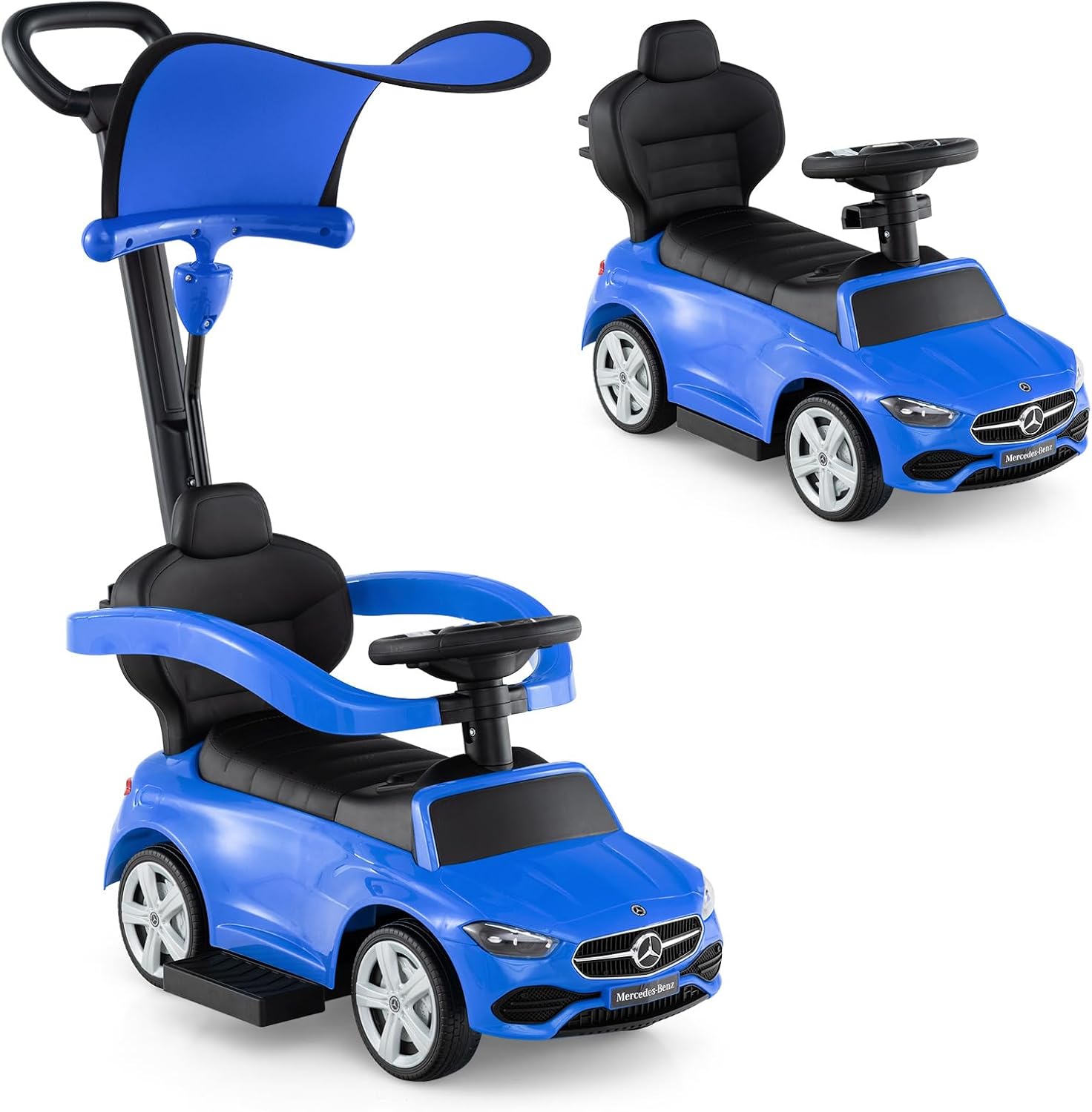 Licensed Mercedes Benz Push Car for Toddlers by INFANS, 3 in 1 Sliding Walking Car with Push Handle, Horn, Music, Underneath Storage, Foot-to-Floor Ride on Toys for Boys Girls, Blue