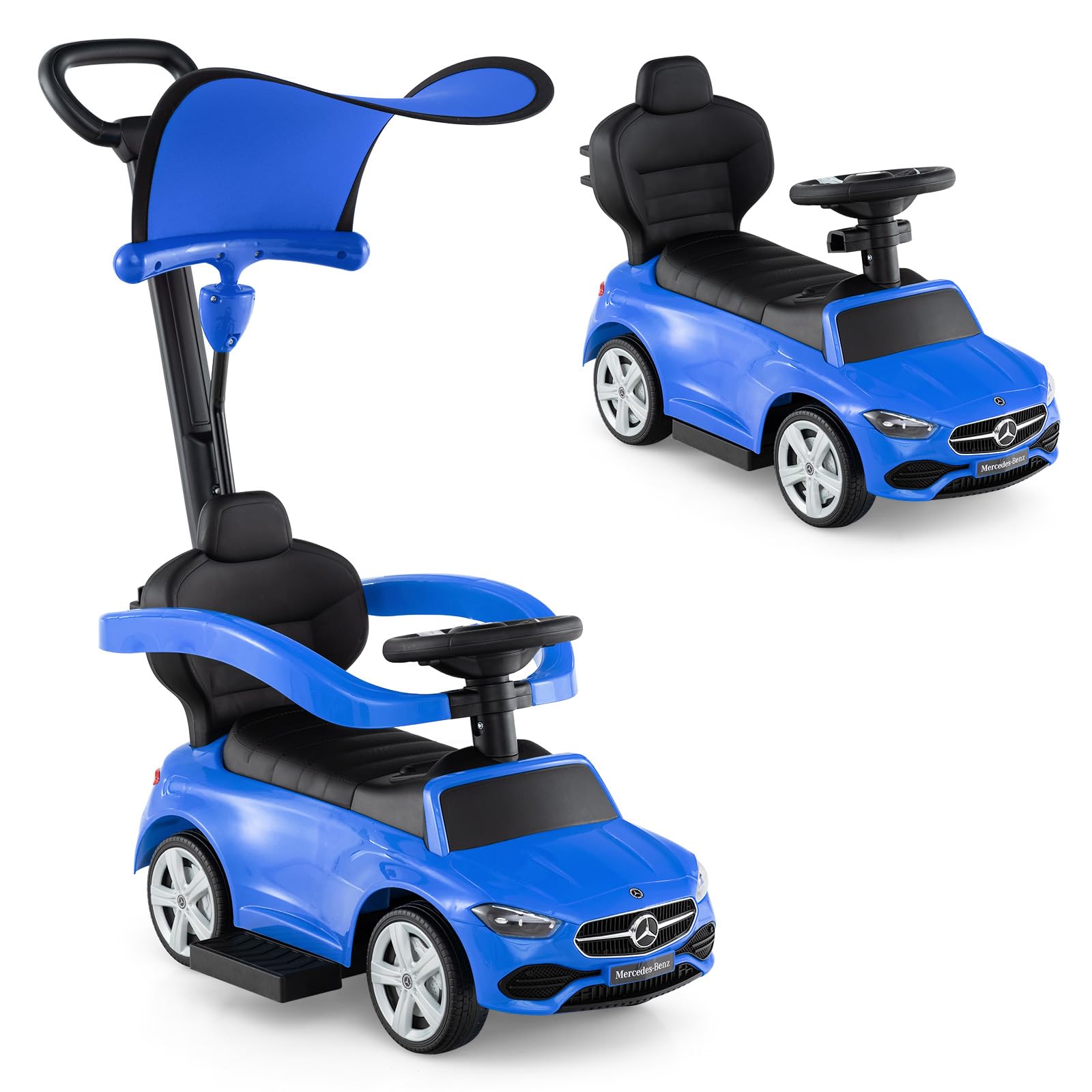INFANS Push Car for Toddlers, 3 in 1 Sliding Walking Car with Push Handle, Horn, Music, Underneath Storage, Foot-to-Floor Ride on Toys for Boys Girls (Blue)