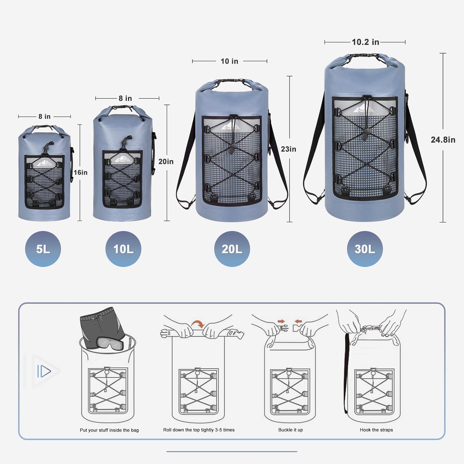 HEETA Waterproof Dry Bag for Women Men(Upgraded Version), 5L/ 10L/ 20L/ 30L Roll Top Lightweight Dry Storage Bag Backpack with Phone Case : Sports & Outdoors
