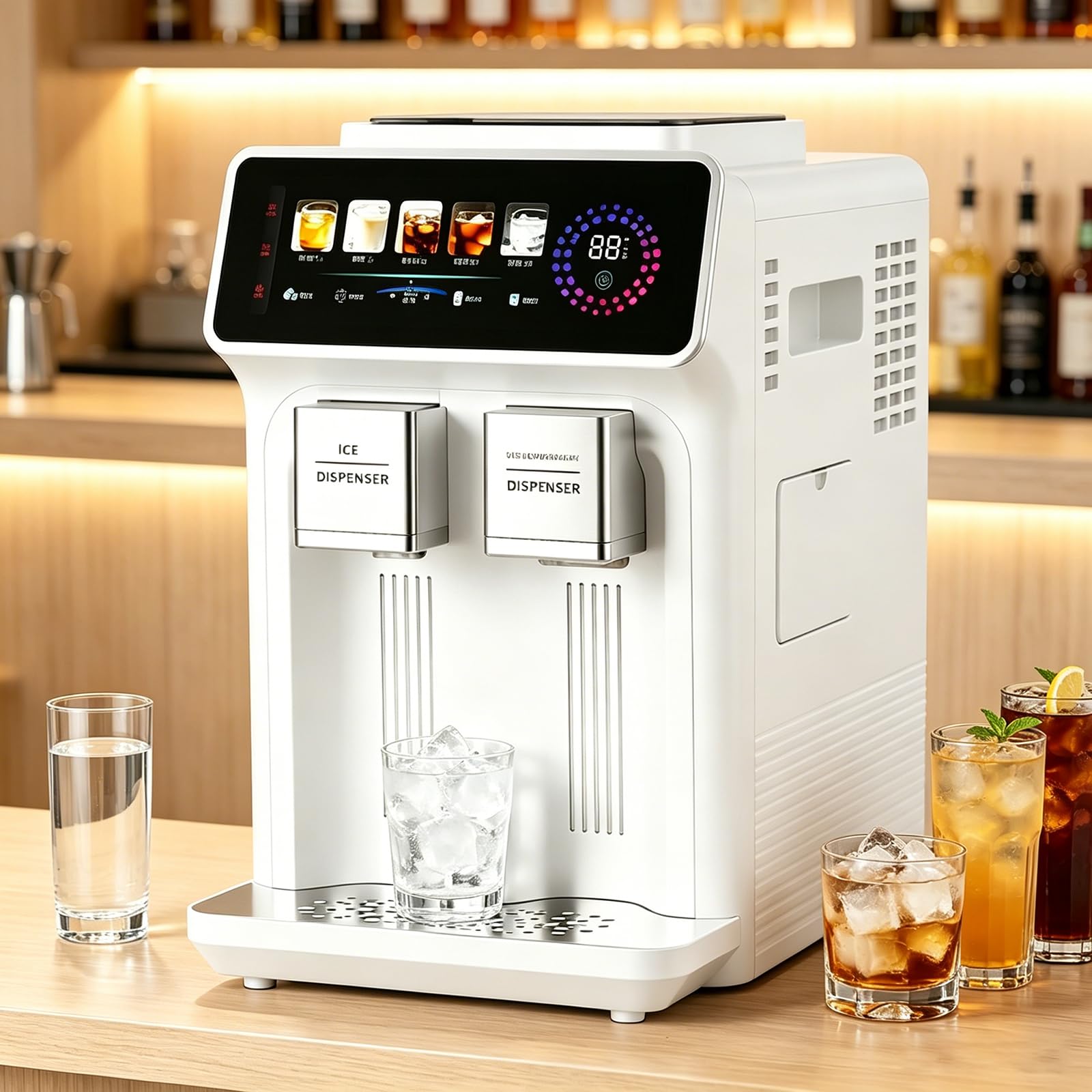 HEIHEIZI 3-in-1 Countertop Ice Maker: Makes 12 Cubes in 6 Mins, Slushies in 30 Secs, Ice Water in 3 Secs | Auto Water Intake + Connects to Purifier/External Tank | 5°C Ice Water | 24H Timer White