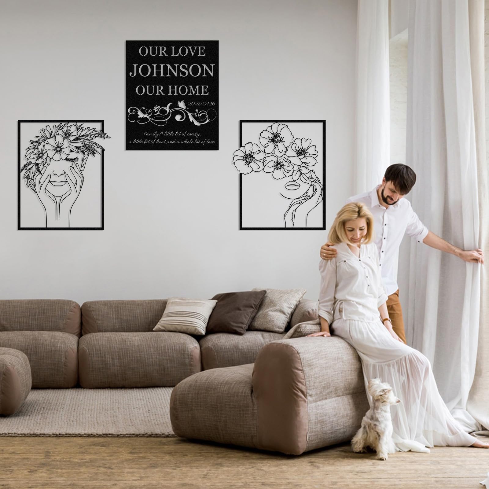Duckbe Personalisierte Metall-Wandkunst-Dekoration, 3 Stück, Metallschilder, abstrakte Frau und Blume, Linienzeichnung, Wanddekoration, minimalistische Wandkunst, individuelles Namensschild für Paare,