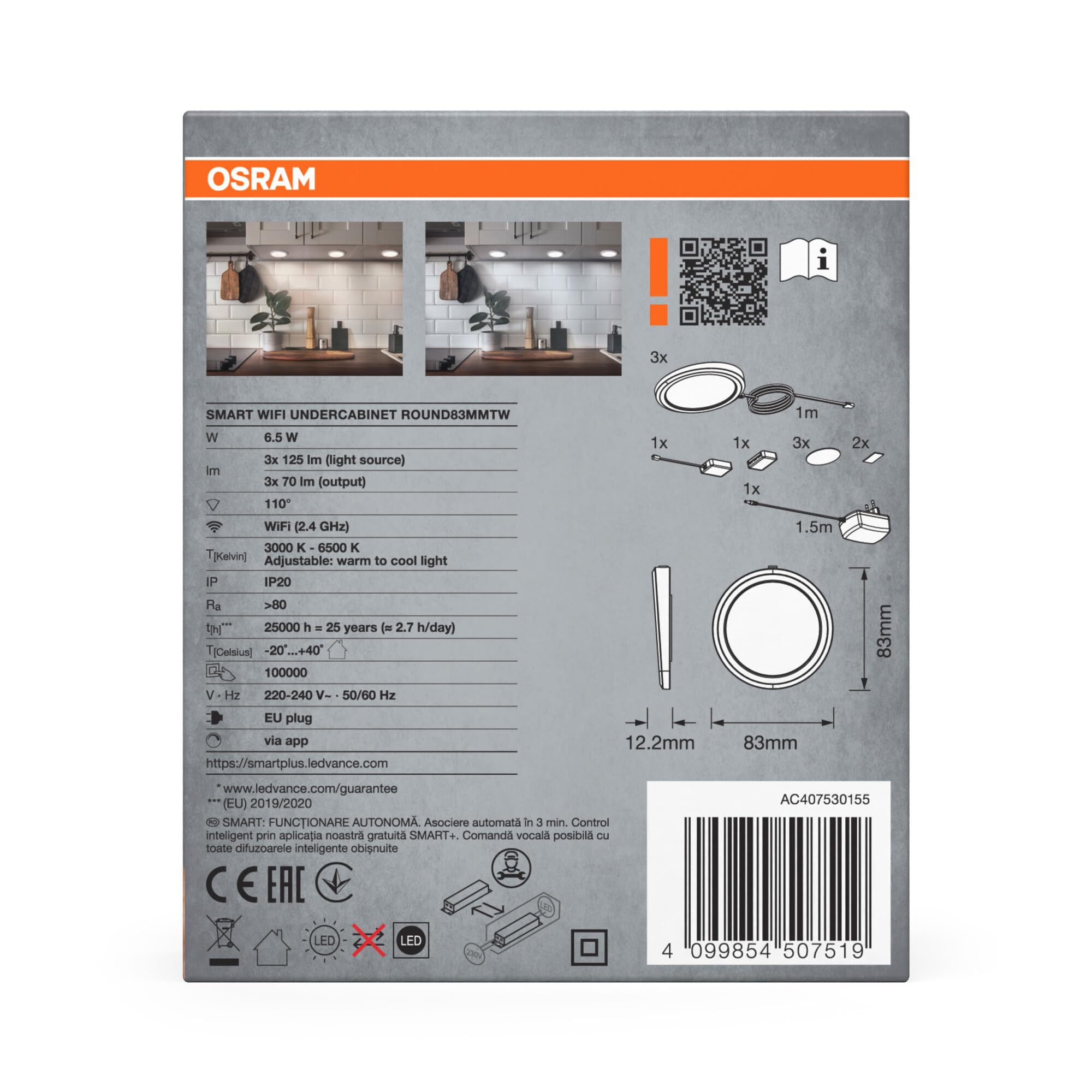 OSRAM Oświetlenie podszafkowe SMART+ WiFi, okrągłe, białe, 6,5W, 375lm, 83mm, regulowane białe światło, ściemniane, długa trwałość, łatwy montaż, sterowane z aplikacji, 3000K - 6500K, do kuchni, półek